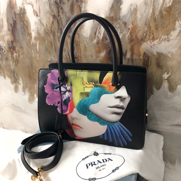 Rare Prada Black Graphic Face Print Tote Bag - Picture 3 of 8